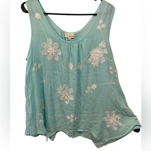 DEPT222 Blue White Hippie Coastal Beach Tropical Boho Floral Embroidered Blouse